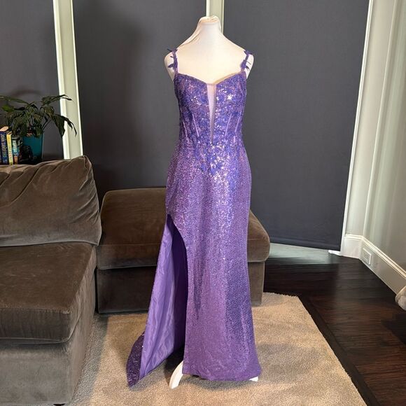 Women’s Fully Sequined Purple Mermaid Fit Prom Party Dress Leg Slit Size 4 - Picture 1 of 12